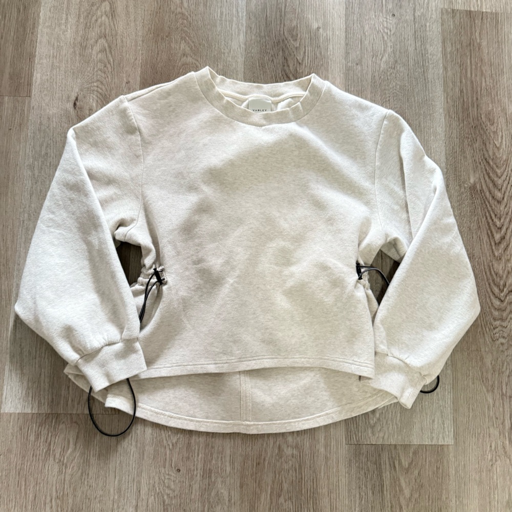varley bella tan heather drawsting crew neckline pull over sweater medium
